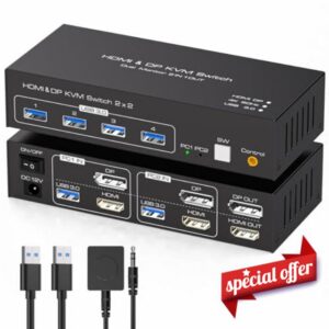 HDMI+Displayport KVM Switch 2 Monitors 2 Computers 4K@60Hz KVM Switcher for Two PC Share Dual Monitors and 4 USB 3.0 Ports Support Extended/Copy Mode with Desktop Controller&2 USB Cables