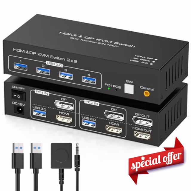 HDMI+Displayport KVM Switch 2 Monitors 2 Computers 4K@60Hz KVM Switcher for Two PC Share Dual Monitors and 4 USB 3.0 Ports Support Extended/Copy Mode with Desktop Controller&2 USB Cables