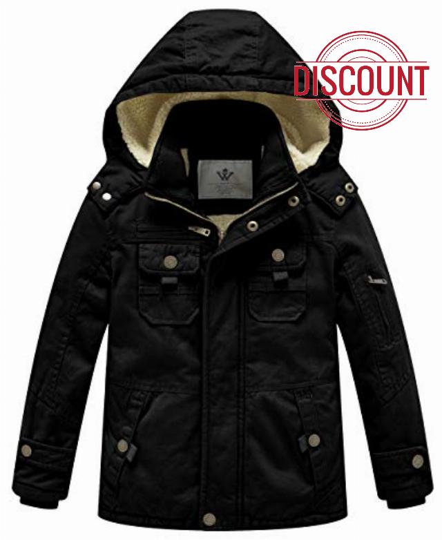 WenVen Boy's Winter Sherpa Jacket Heavy Twill Cotton Military Coat with Hood