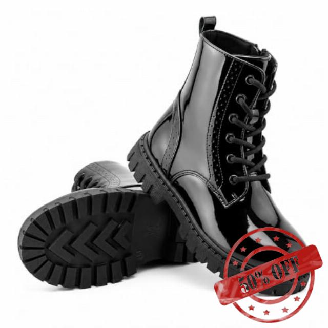 Girls Combat Boots Black Lace Up Side Zipper Ankle Boots                                                          Lightweight Flexible Non Slip Outsole