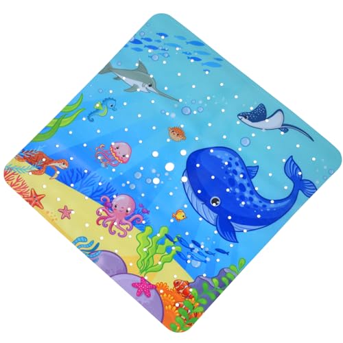 21x21 Inch Ocean Pattern Kid Shower Mat Cute Cartoon Baby Bath Mats Anti Slip Mat with Drain Holes and Suction Cups