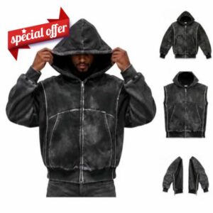 Detachable Sleeves Mens Hoodies Vintage Washed 2-In Zip Up Fall Jacket Vest                                                          Distressed Versatile Convertible Modular Jacket Vest Casual Heavyweight Zip-Off Sleeve Streetwear Hoodies for Men 2026