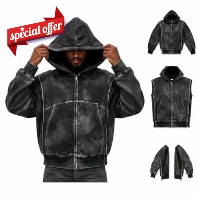 Detachable Sleeves Mens Hoodies Vintage Washed 2-In Zip Up Fall Jacket Vest                                                          Distressed Versatile Convertible Modular Jacket Vest Casual Heavyweight Zip-Off Sleeve Streetwear Hoodies for Men 2026