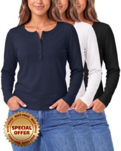 3 Pack Womens Cotton Henley Shirts Long Sleeve Button Tops Casual Work Tees                                                          Sizes S-XXL