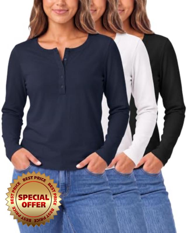 3 Pack Womens Cotton Henley Shirts Long Sleeve Button Tops Casual Work Tees                                                          Sizes S-XXL