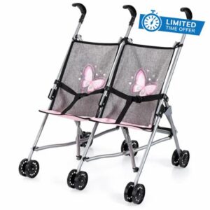 Bayer Design Doll Twin Buggy - Pink Butterfly Umbrella Push Stroller                                                          Foldable Double Toy Pram for 18 Inch Dolls