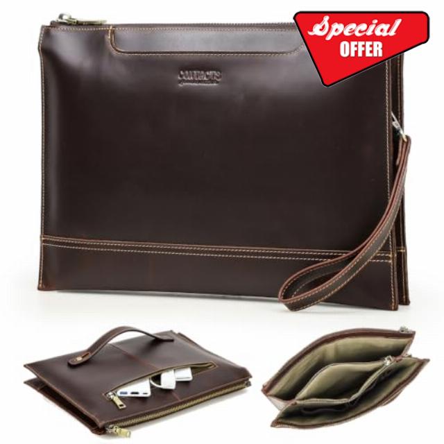 CONTACTS Full Grain Leather Laptop Case 14 in Men's Slim Briefcase Clutch                                                          14" Laptop Sleeve Compatible with MacBook Pro Large Document Bag Wrist Strap