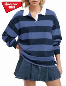 Women Long Sleeve Striped Polo Shirts Oversized Rugby Sweatshirts                                                          Lapel Collared