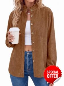 Tankaneo Womens Corduroy Button Down Shirts Long Sleeve Ruffle Collar Tops                                                          Soft Corduroy Fabric
