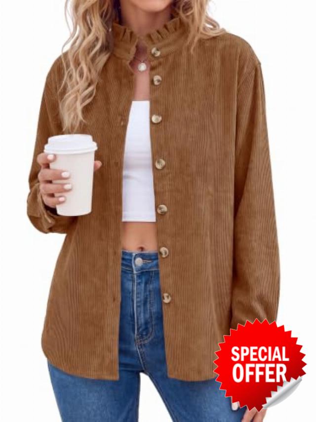 Tankaneo Womens Corduroy Button Down Shirts Long Sleeve Ruffle Collar Tops                                                          Soft Corduroy Fabric