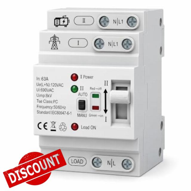 Mini ATS AC Automatic/Manual Transfer Switch 2P 63A 110V                                                          ATS Manual Transfer for Uninterruptible Power Supply Home