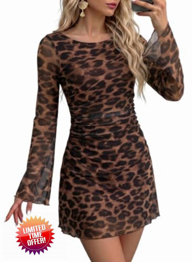 Dokotoo Women's Bell Long Sleeve Crewneck A Line Ruched Mesh Mini Dress                                                          Polka Dot