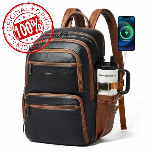 Shrrie 17 Inch Laptop Leather Backpack for Women with USB Charger                                                          Faux Leather Backpack