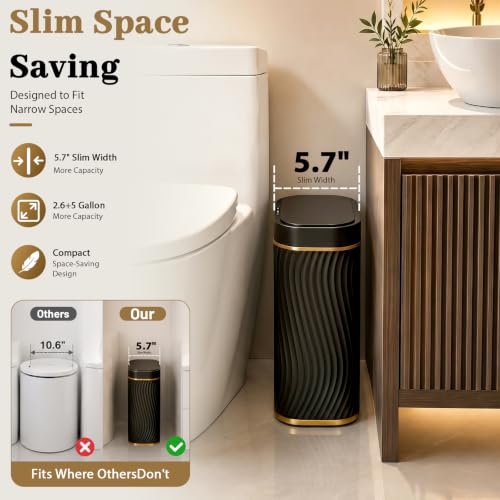 Black Gold Motion Sensor Trash Can with Slim Waterproof Body; Small Plastic Garbage Can