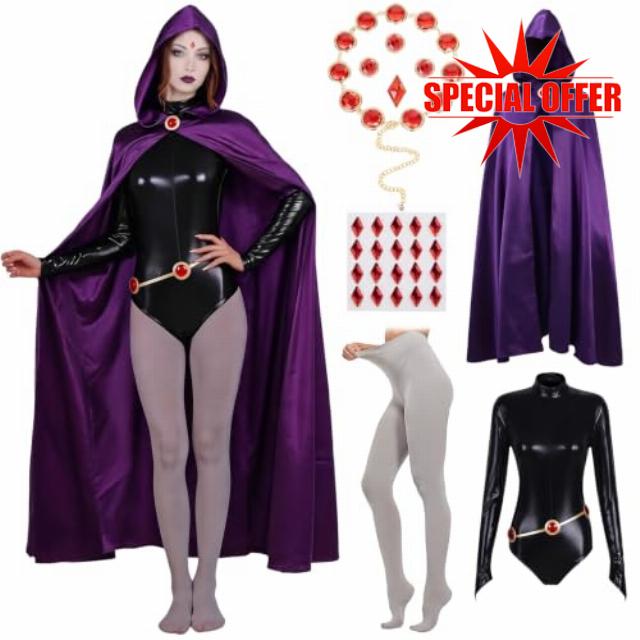 Ravan Costume Women Superhero Reven Teenager Tiitan Cape Purple Hood Cloak Halloween Cosplay