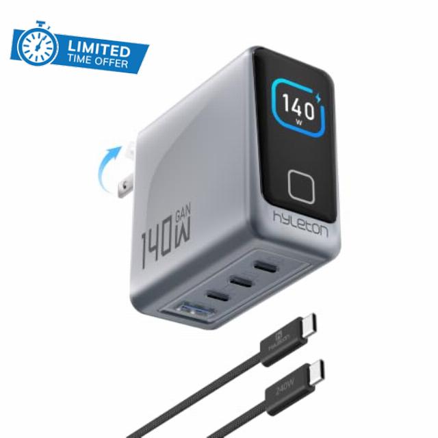 MacBook Pro Charger 140W 4-Port PD 3.2/AVS USB C Fast Charger for iPhone 18 Auto-Rotating Smart Display Charger
