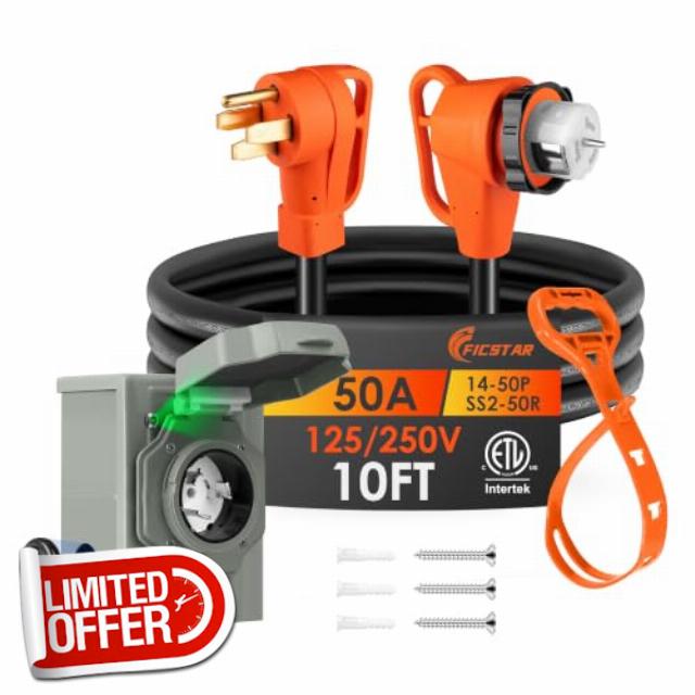 10ft 50 Amp Generator Cord Kit with Inlet Box                                                          NEMA 14-50P to SS2-50R 50 Amp Extension Cord