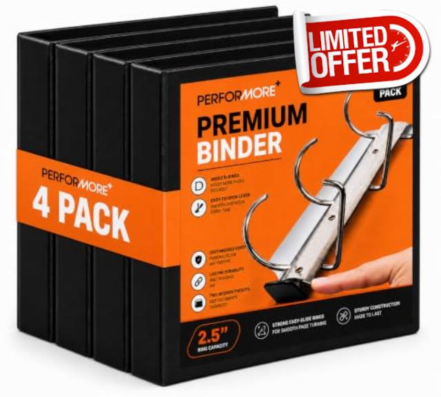 4 Pack of 2 1/2” Smooth Opening Angle D-Ring View Binders