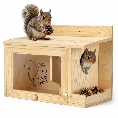 Wooden Nesting Box with Dual Chamber & Feeder Dual-space squirrel shelter with clear viewing window