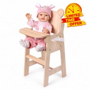 BABESIDE Baby Doll High Chair Set for Dolls up to 20 Inch                                                          Bear-Shaped Wooden Baby Doll Accessories with Adjustable Tray