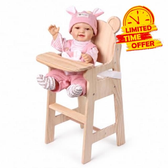 BABESIDE Baby Doll High Chair Set for Dolls up to 20 Inch                                                          Bear-Shaped Wooden Baby Doll Accessories with Adjustable Tray
