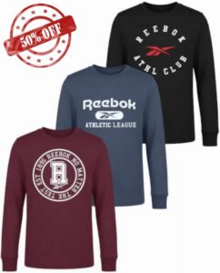 Reebok 3 Pack Boys Cotton Long Sleeve Athletic Shirts Tshirts Tees Kids                                                          Sizes 6-18