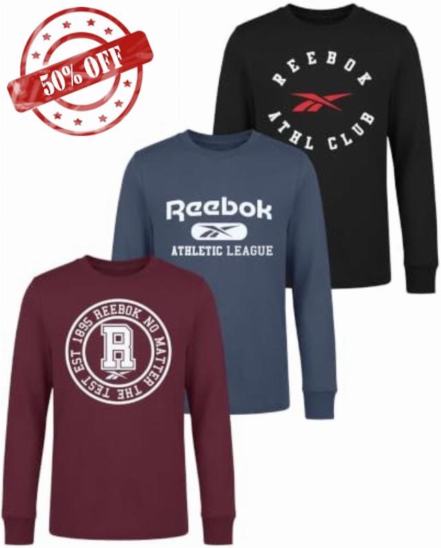 Reebok 3 Pack Boys Cotton Long Sleeve Athletic Shirts Tshirts Tees Kids                                                          Sizes 6-18