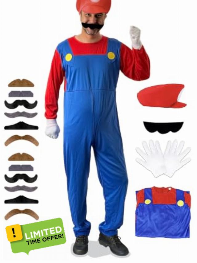 Super Brothers Costume Adult Halloween Cosplay Jumpsuit                                                          Include One Jumpsuit 1 Hat 13 colorful beards A pair of gloves