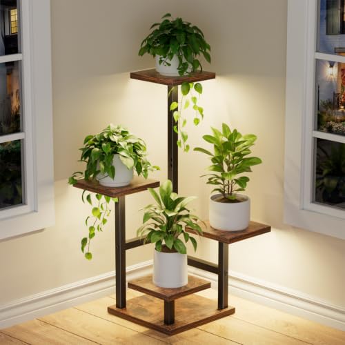 Tiered Plant Shelf for Indoor Plants                                                          4 Tier 29" Lighted Small Corner Plant Shelves Holder for Living Room Bay Window Garden Space Saving