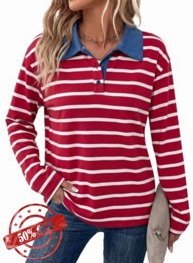 Dokotoo Womens Tops 2026 V Neck Button Down Long Sleeve Striped Polo Shirts                                                          Long Sleeve