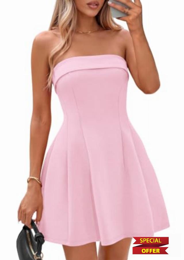 IWD Womens Strapless Tube Mini Dress A Line Elegant Cocktail Short Dresses                                                          Mini Length