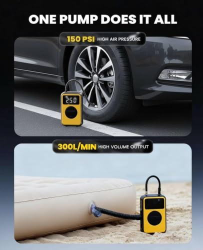 Dual Modes Air Pump - 150 PSI for Car Bike Tires & 4.0 kPa for Air Mattresses and Inflatables