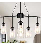 5-Light Black Chandelier, Farmhouse Dining Room Light Fixture with Opal Glass Shade, Modern Chand...