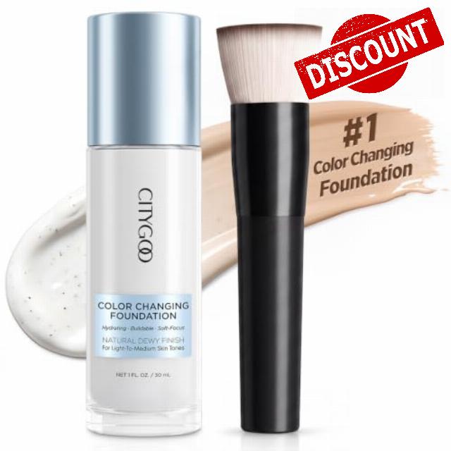 Color Changing Foundation for Mature Skin: Self-Adjusting Light-to-Medium Coverage – 12-Hour Hydrating Wear – Soft-Focus Dewy Finish with Foundation Brush 1 FL OZ