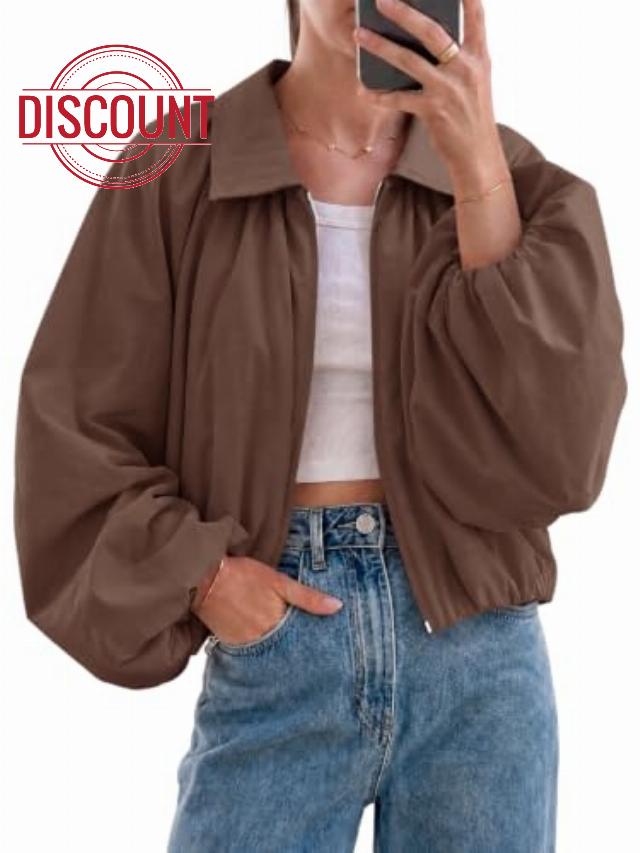 Tankaneo Womens Cropped Jackets Bomber Coat Fall Casual Zip Up Outerwear                                                          Pleated Puff Long Sleeve Lightweigh