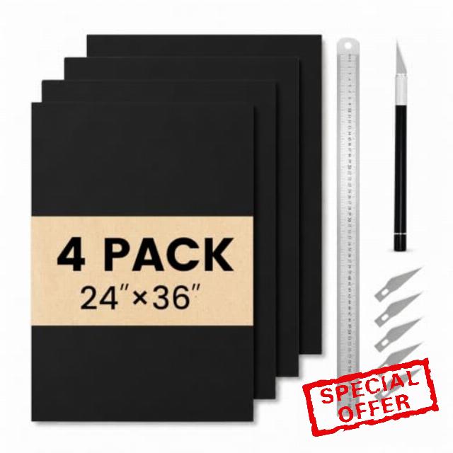 DKTIE 4 Pack Black Foam Board 24"x36" with Tools                                                          5mm Thick Foam Core Board for Projects