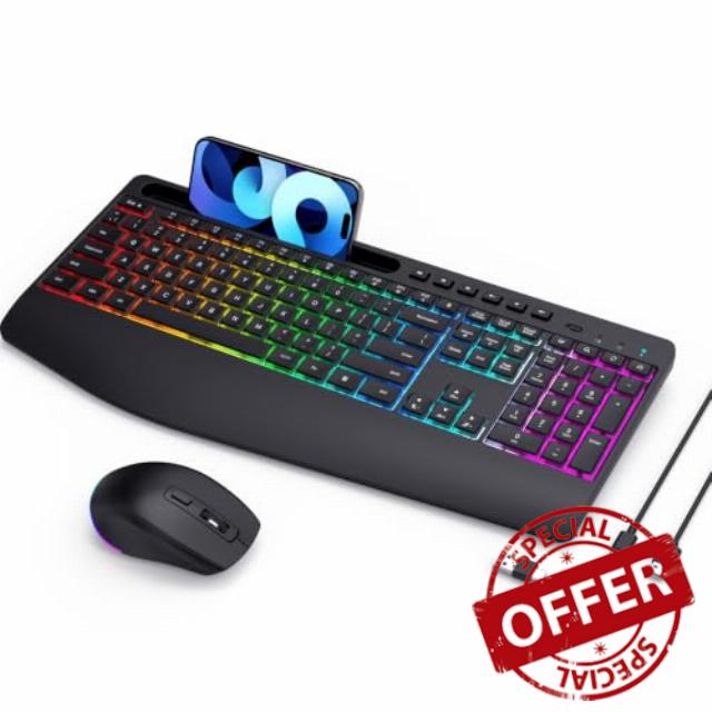 Wireless Keyboard Mouse Combo Ergonomic-RGB Silent Set for Computer                                                          9 Backlit Effects