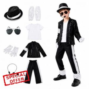 Halloween Costume for Kids Set 80s 90s Retro Dance Disco Cosplay                                                          Boys Sparkly Performance Outfit with Hat Gloves Arm Cuffs