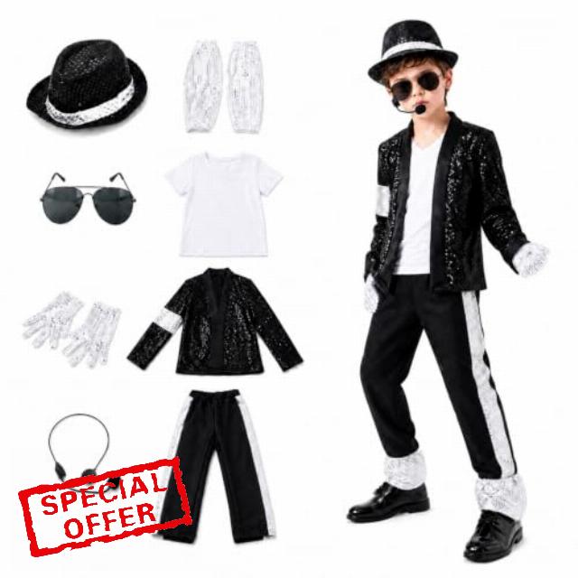 Halloween Costume for Kids Set 80s 90s Retro Dance Disco Cosplay                                                          Boys Sparkly Performance Outfit with Hat Gloves Arm Cuffs