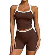 UOUA Womens Workout Set 2 Piece Gym Outfit High Waisted Tummy Control Shorts Halter Padded Sports...