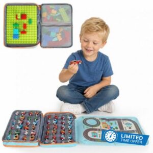 Travel Toys Carrier Case for Building Blocks & 24 Toy Cars & Racing Map                                                          Portable Travel Toys Games Case for Toddlers 3-5 Kids Airplane Car Travel Essentials for Kids Toy Storage Bag
