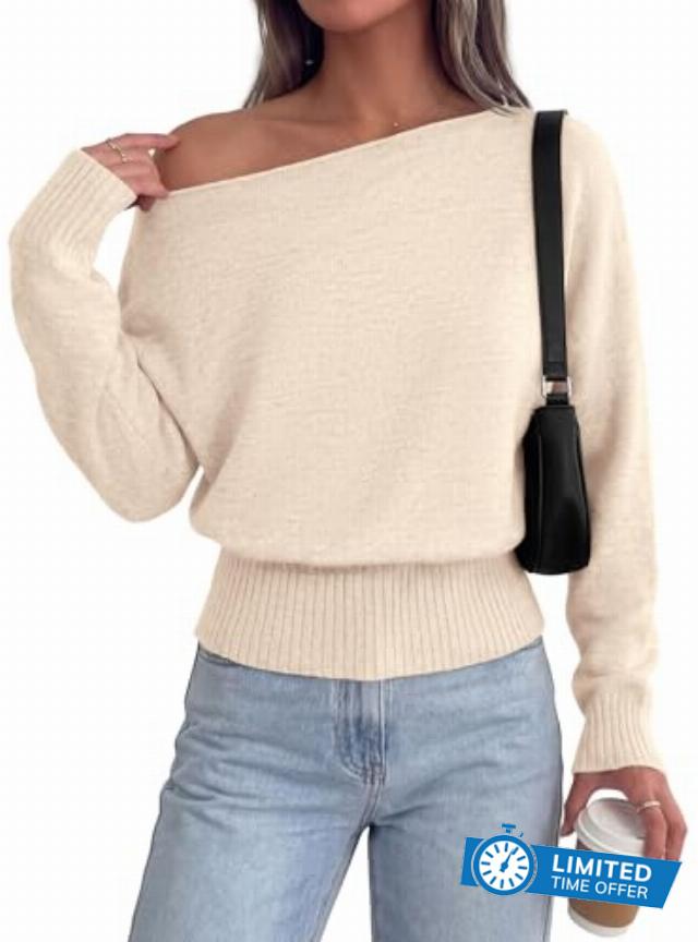 PRETTYGARDEN Womens Off The Shoulder Sweater Fall Fashion                                                          Batwing Long Sleeve Cinched Waist Asymmetrical Going Out Tops