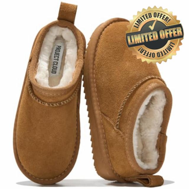 Project Cloud 100% Genuine Leather Slippers for Kids - Slip On Slippers                                                          Kids Slippers with Cozy Fur Lining & Memory Foam Insole Boys & Girls Slippers Boots - Comfy Kids Shoes Boys & Girls Footwea