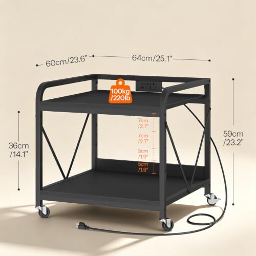 Under Desk Printer Table with Power Outlet Tabletop 25.1"x23.6"