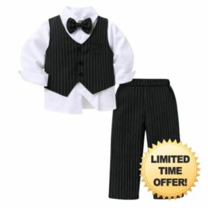 Toddler Suit for Boys Striped Formal Outfit 4 Piece Set                                                          Toddler wedding outfit boy set with a striped vest and striped pants