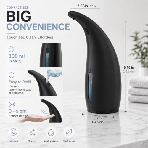 300ml Black Electric Battery Operated Hand & Dish Countertop Soap Dispensers with Sensor for Bathroom