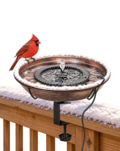 Deck Mounted Birdbath with 70W Heater                                                          Easy to Clean Bowl with 24V Heater with Pump Automatic Thermostatic Control Adjustable Deck Clamp Long Cord for Deck Railing