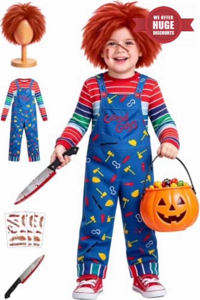 【2Y~14Y | 7 Size | Wig | Costume | Tattoos | Knife】Chucky Costume for Kids                                                          Chucky Wig Chucky Costume for Kids Scar Tattoos Halloween Costume Jumpsuit Long Sleeve Rainbow Shirt Fake Knife