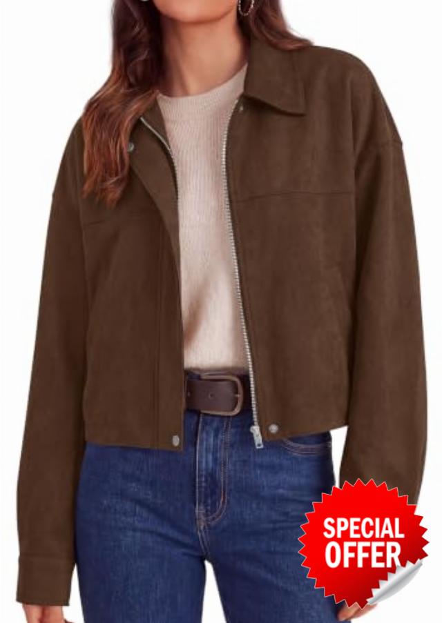 PRETTYGARDEN Women's Faux Suede Cropped Fall Jackets Soft Zip Up Coats
