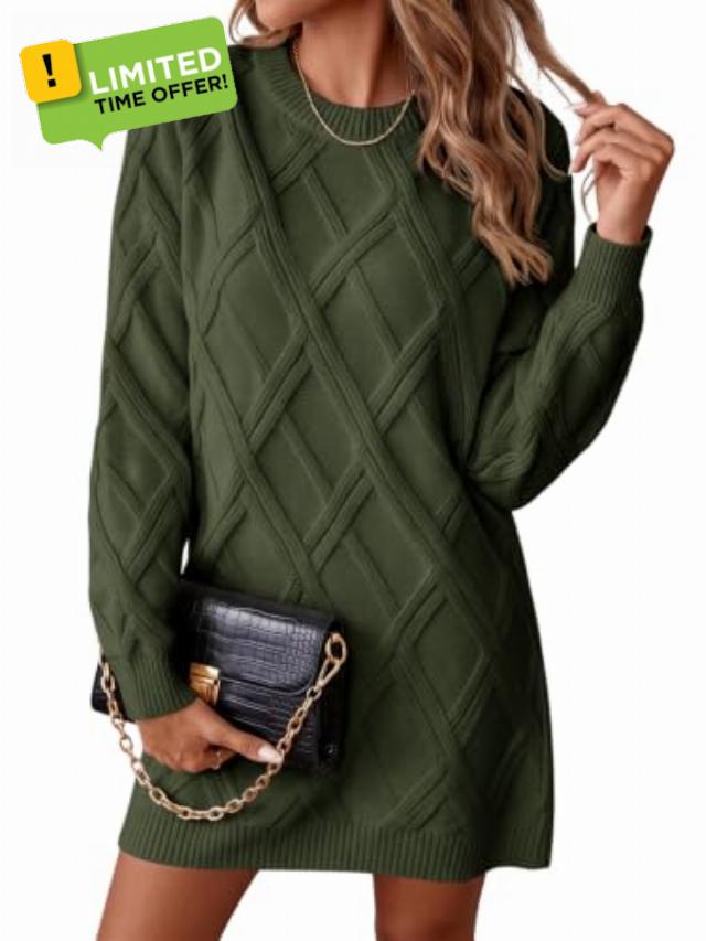 Saodimallsu Womens Cable Knit Sweater Dress Fitted A-Line Fall Mini Dress                                                          Crewneck